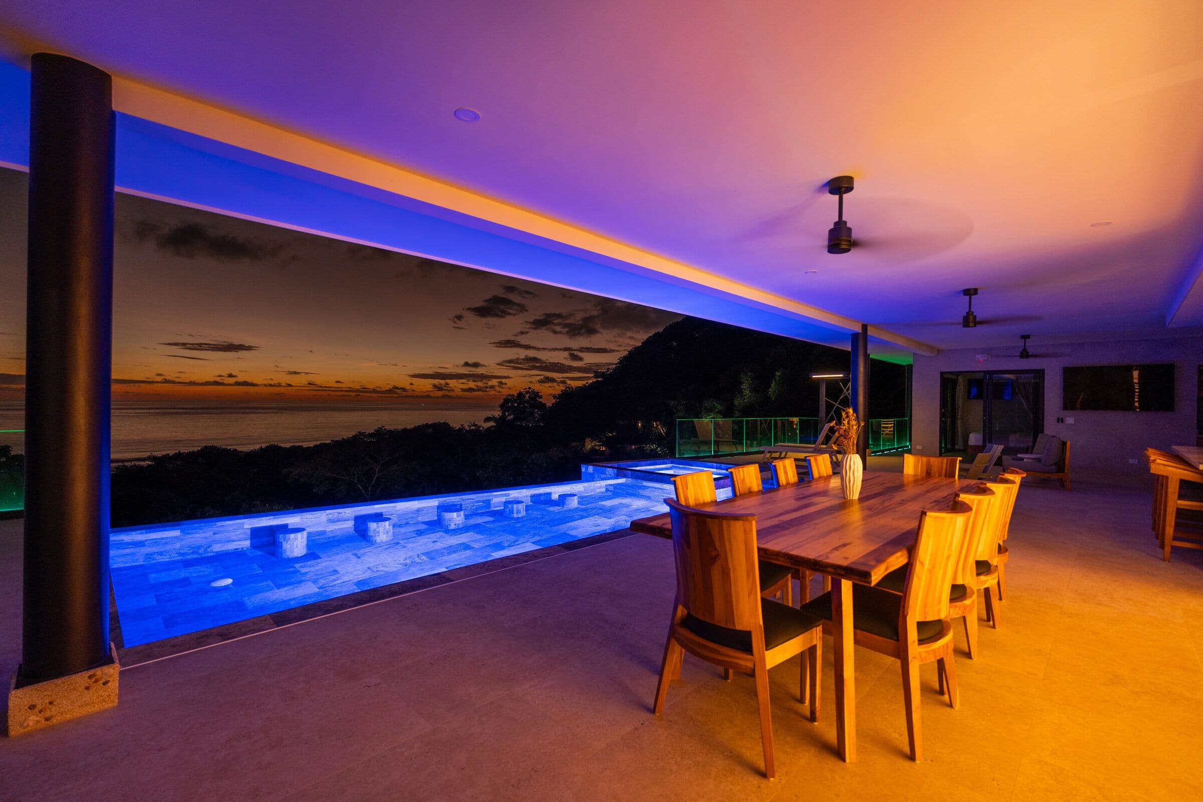 Blue LED terrace dining at dusk