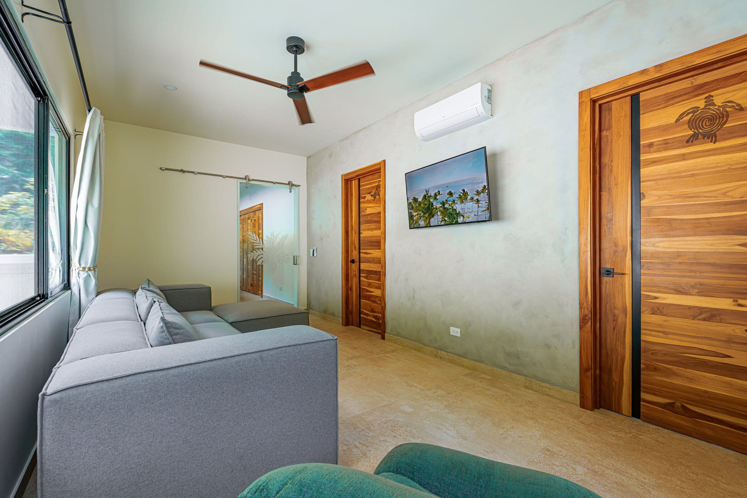 TV room with barn door, TV, and turtle-carved teak closet